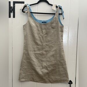 Coed & Free - Beige + Sky Blue Tie Strap Linen Blend Mini Shift Dress